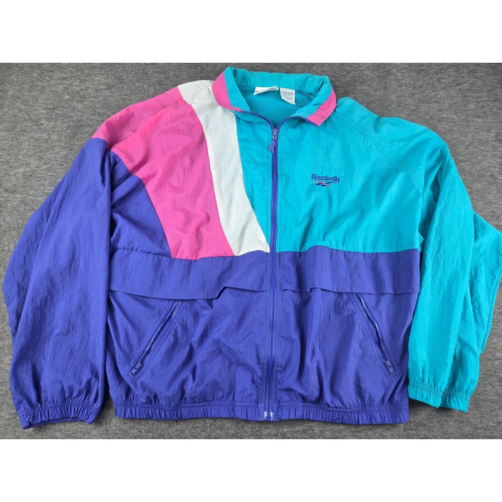 Reebok Windbreaker Jacket Womens XL Multicolor Colorblock Vintage 90s Nylon Zip